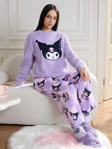 HELLO KITTY AND FRIENDS | SHEIN 女士舒适休闲可爱卡通刺绣宽松蓬松上衣和棋盘格长裤睡衣套装，秋冬款