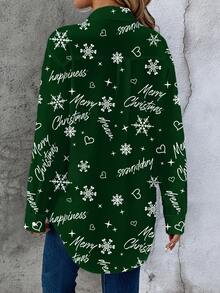 SHEIN LUNE 圣诞休闲雪花、字母和心形图案女士 Polo 衫，适合春秋季 - 綠色 - 查看 2