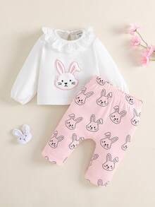 SHEIN Bộ 2 món áo kiểu Hàn Quốc thêu hình thỏ dễ thương mùa hè cho bé gái sơ sinh + quần in họa tiết hoa tươi mát, phù hợp với mọi dịp, màu hồng - Nhiều màu - Xem 3