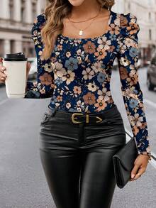 SHEIN Clasi 豹纹方领羊腿袖休闲简约长袖上衣，适合春秋季 - 彩色 - 查看 4