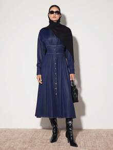 Modelyn 女士休闲V领宽松腰部单排扣前开式连衣裙，适合春秋季日常通勤 - 藏蓝色 - 查看 7