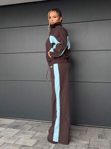 Jeta Ari 抽绳腰部尼龙撞色拼接阔腿运动裤仅限春季机场休闲书店圣诞节秋季秋冬 - 棕色 - 查看 5