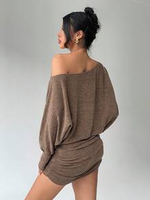 Aloruh 女式复古咖啡色/棕色不对称肩迷你连衣裙，长袖，修身款式，秋冬 - 咖啡棕 - 查看 4