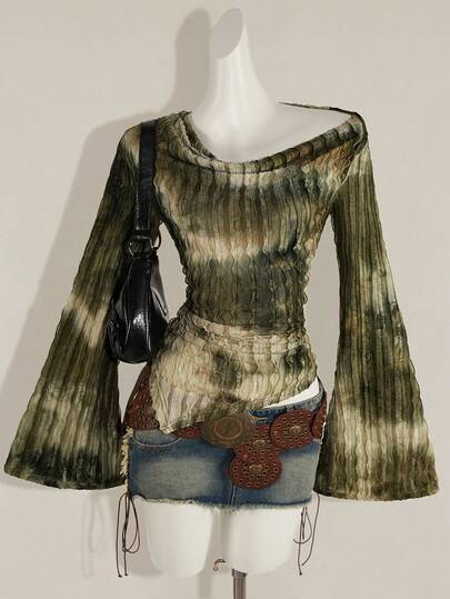 SHEIN ICON Fall Women's Western Boho Vintage Goth Off Shoulder Going Out Tie-Dye Print Asymmetric Hem Long Sleeve Flare Sleeve Fashion T-Shirt