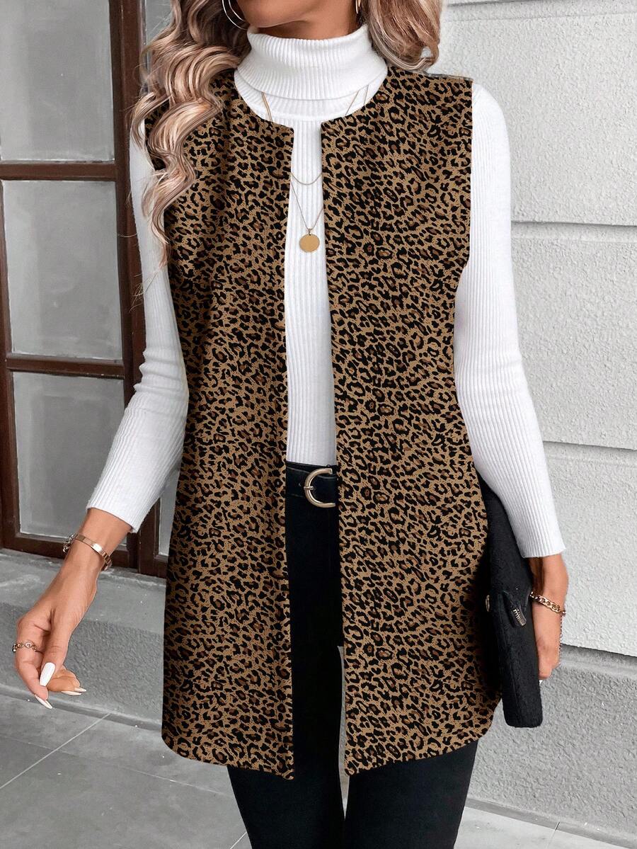 SHEIN LUNE 休闲优雅豹纹针织女式常规外套，适合秋冬季节，休闲百搭 - 彩色 - 查看 1