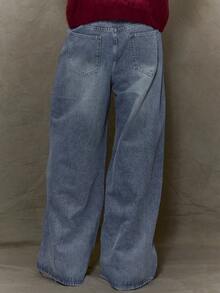 Musero Basic Style Baggy Wide Leg Denim Jean Trouser Winter - Dark Wash - View 4