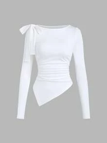 Sweetra Women's New Casual Round Neck Solid Color Coffee Brown Shoulder Tie Bow Decor Asymmetrical Hem Waist Ruched Long Sleeve T-Shirt, Suitable For Commuting And Outings In Spring, Summer And Autumn - White - View 3