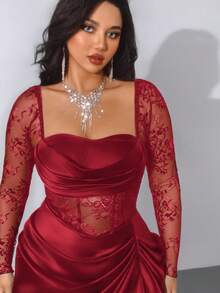 Viva Relle Váy midi đen xếp nếp họa tiết hoa cổ sâu tay dài bằng vải satin ren chắp vá cỡ lớn dành cho nữ, váy cocktail dự tiệc thường ngày cổ điển thanh lịch - Màu Đỏ Sâu - Xem 4