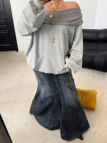 POPSWAY Damen Oversized Sweatshirt mit Off-Shoulder, Patchwork, Rippstrick, lässig und bequem in Große Größen - Grau - Übersicht 4