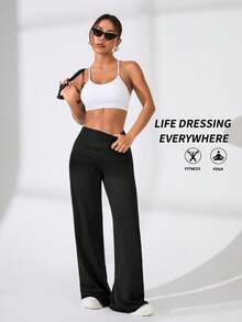 Easithlete Solid Color Wide Waistband Hip Lifting Straight Yoga Sport Pants - Black - View 4