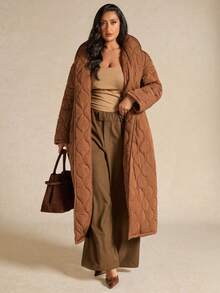 SHEIN BAE Plus Size Fashionable Versatile Solid Color Belted Jacket, Winter - Brown - View 4