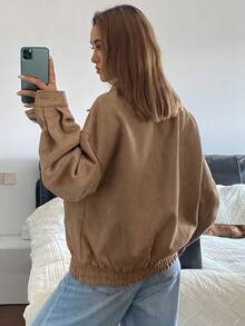 DAZY Damen Lässig Loose Fit Wildleder-Optik Jacke, Outdoor Street Style Mode, Herbst/Winter Damen Mäntel - Khaki - Übersicht 2
