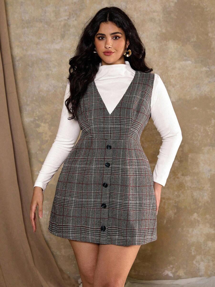 SHEIN PETITE CURVE 大码V领格子无袖连衣裙,艺术千鸟格背心裙,秋冬 - 彩色 - 查看 1