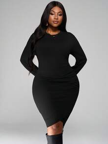 SHEIN PETITE CURVE Herbst Langarm Raffung Taille figurbetontes schwarzes Kurzkleid für Frauen - Schwarz - Übersicht 4