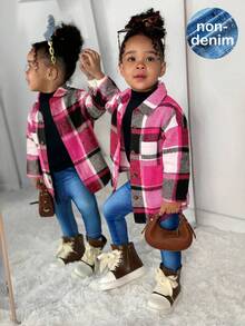 SHEIN Conjunto de 3 piezas: Chaqueta a cuadros, top de punto y pantalones para bebé niña, lindo conjunto casual de otoño/invierno - Rosa Fucsia - Ver 1