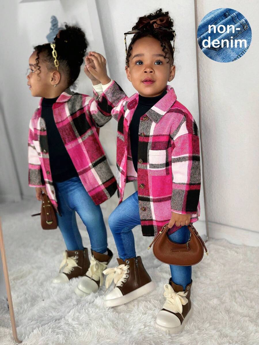 SHEIN Conjunto de 3 piezas: Chaqueta a cuadros, top de punto y pantalones para bebé niña, lindo conjunto casual de otoño/invierno - Rosa Fucsia - Ver 1