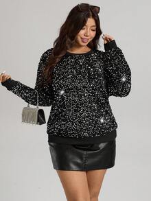 Comfylo Plus Size Sequin Decor Round Neck Long Sleeve T-Shirt, Party Sequin Winter New Year Sparkly Black Top