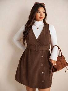 Elaquor Autumn Casual College Style Corduroy Fabric Removable Waistband Pockets Vintage Dress Plus Size Women Overall Brown Fall Dress,Winter Clothes - Chocolate Brown - View 5