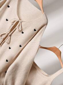 CosyJoli Plus Size Women Heart Pattern Drop Shoulder Long Sleeve Loose Knit Cardigan And Crew Neck Sleeveless Knit Top Set, Autumn/Winter Thanksgiving