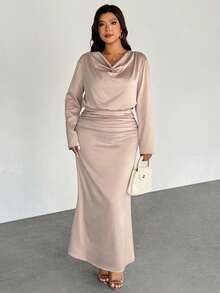 SHEIN Privé 2 件套女式缎面高领系带衬衫和褶皱长裙，适合情人节、音乐会、表演、约会、派对、婚礼、性感、优雅、通勤、返校、度假、海滩、浪漫、大码 - 杏色 - 查看 3