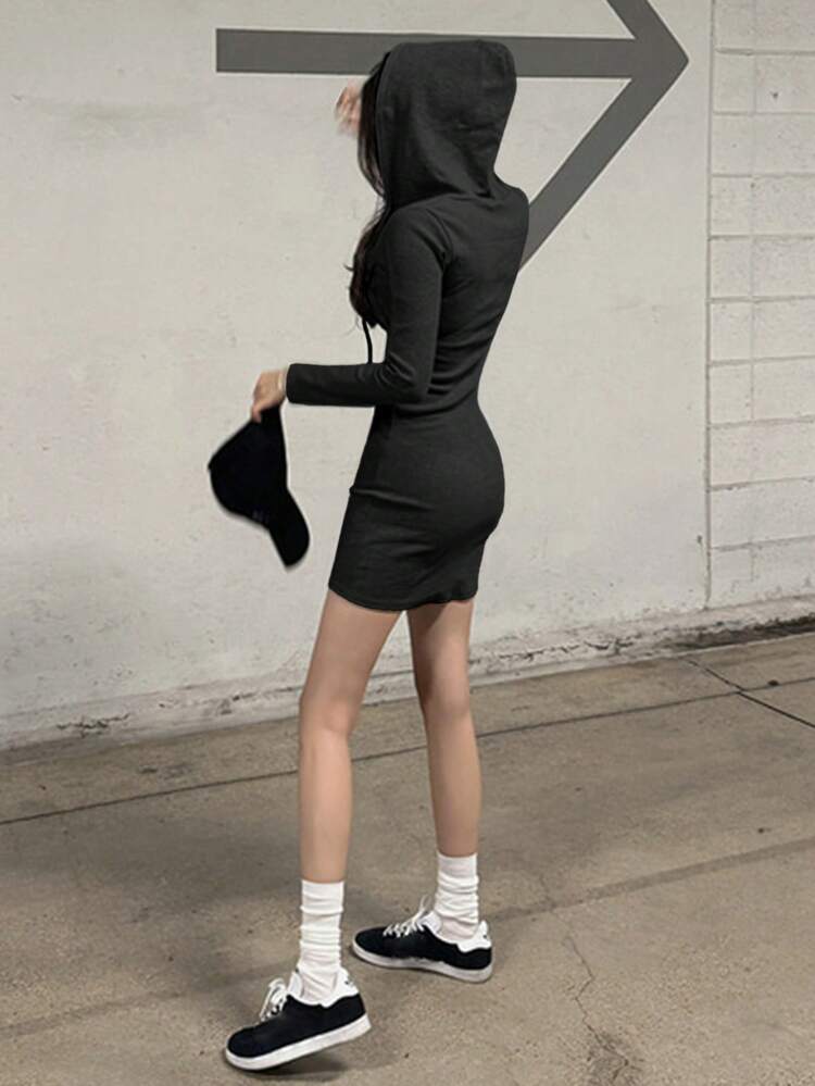 Women's Solid Color Fitted Hooded Cardigan Mini Dress, Spring/Summer