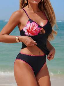 Swim Vcay 女式夏季细肩带 V 领芙蓉花印花褶皱前开襟休闲宽松沙滩比基尼两件套 - 黑色 - 查看 6