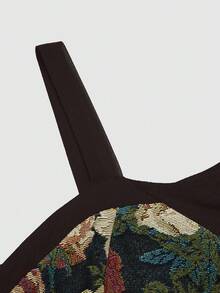 Sweetra 大码提花拼布系带露肩喇叭袖连衣裙 - 咖啡棕 - 查看 5