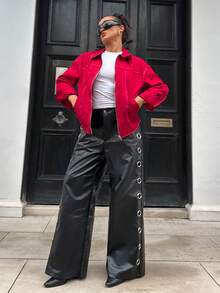 Jeanoix 女士纯色落肩长袖时尚性感宽松休闲外套 - 紅色 - 查看 2