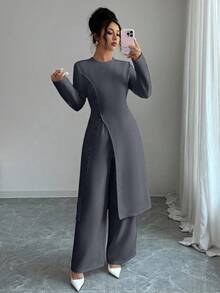 Elenzga Bộ 2 món áo khoác cardigan tay dài một hàng khuy đơn giản màu trơn dành cho nữ, đi làm hàng ngày, xuân/thu - Xám - Xem 5