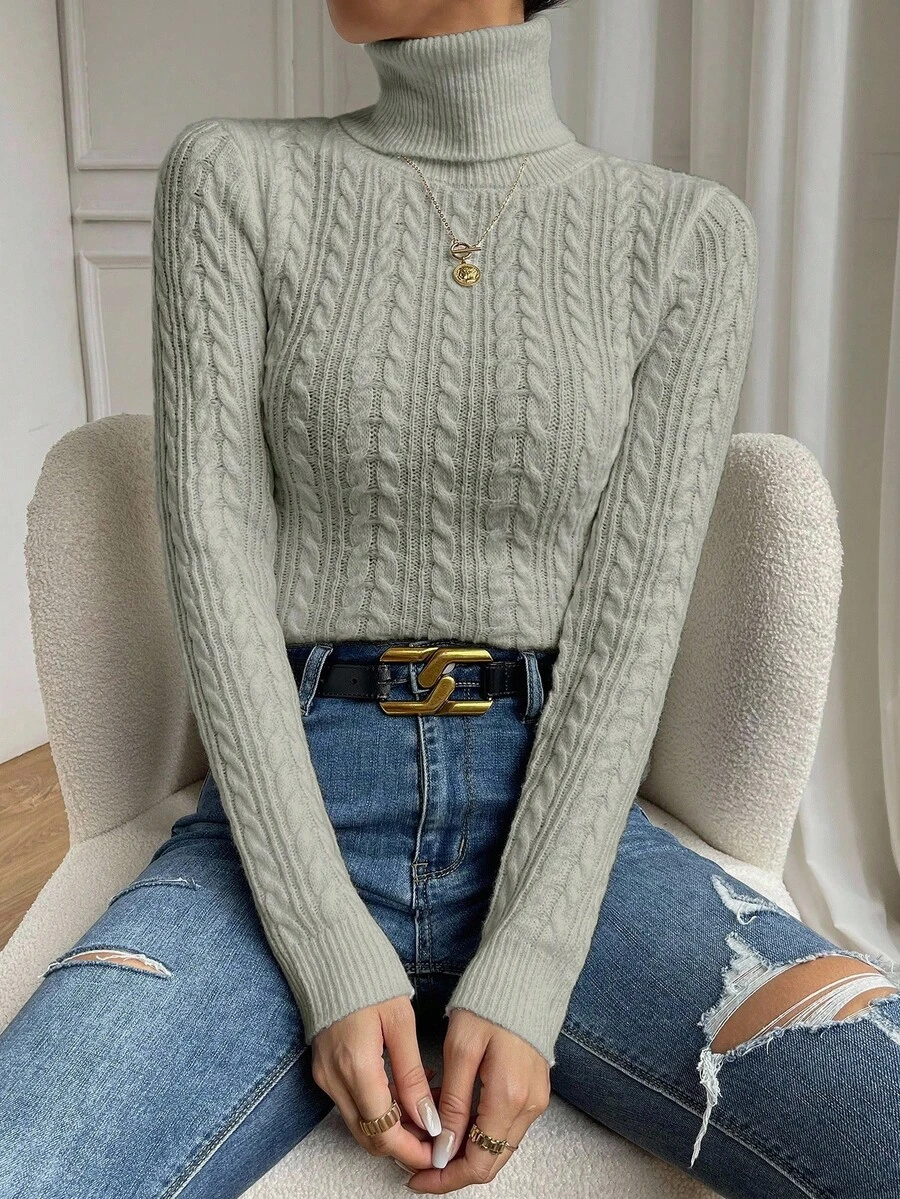 RosyDaze Áo len dệt kim xoắn cổ cao tay raglan trơn màu dành cho nữ - Xám - Xem 1