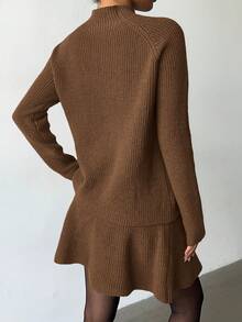 Elenzga 女士宽松休闲圆领纹理上衣和百褶裙两件套 - 巧克力棕 - 查看 2