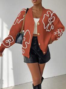 SHEIN Unity Women's Contrast Color Applique V-Neck Button Front Long Sleeve Cardigan - Orange - View 4