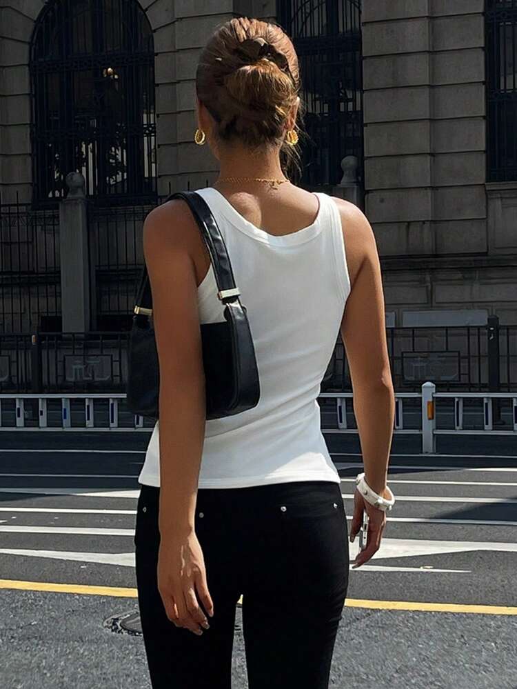 Women's Solid Color Round Neck Ribbed Slim Fit Casual Camisole