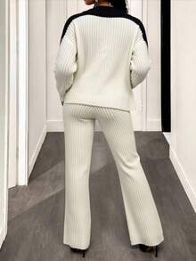 BamGleam Women's Sweater Two Pieces Sweater Knitted Long Sleeves POLO Collar Black Collar Button Long Sleeves Side Black Striped Trousers Black Textured Small Flared Loose Vacation Travel Casual Party Women's Clothing Spring And Autumn Summer Winter Autumn - Black and White - View 2