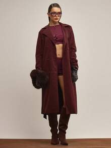 MUSERA 系腰带中长款风衣优雅秋季冬季圣诞节夜间外出工作可爱性感 - 酒紅色 - 查看 4