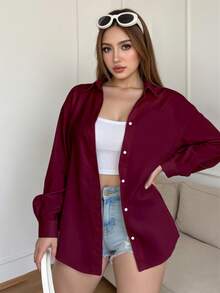 Resyla Plus Size Women Casual Solid Color Front Button Long Sleeve Shirt, Autumn - Burgundy - View 3