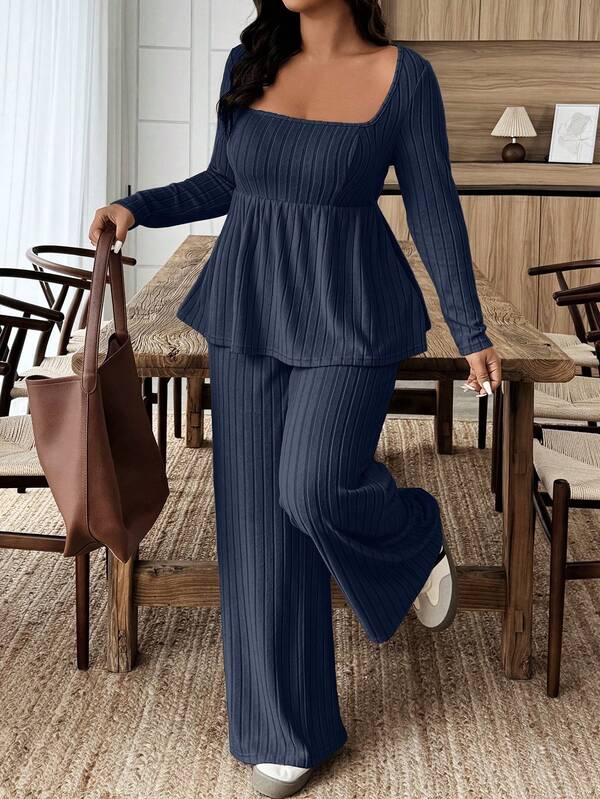 Weeklong Women's Plus Size Plush Fabric Loose Collar Top, Warm Casual 2 Pieces Set, Autumn/Winter