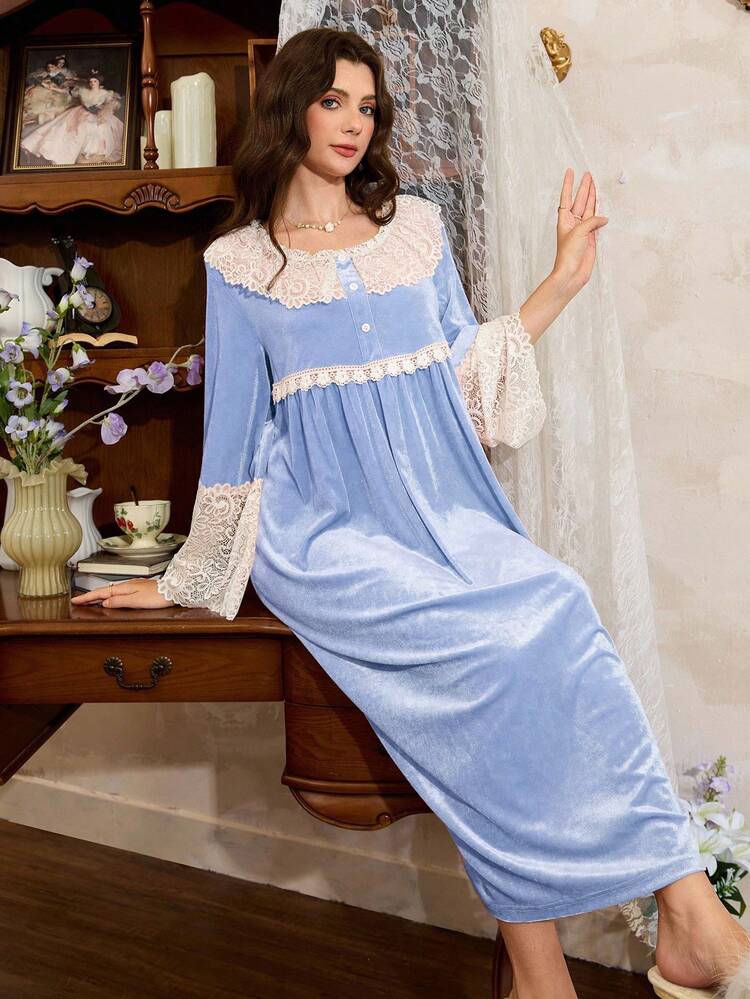 Côtesoire فستان نوم أنيق للنساء بطراز فرنسي، بتصميم ياقة دانتيل ذات لون متباين وكشكشة، للاستخدام الشتوي - الأزرق - مشاهدة 1