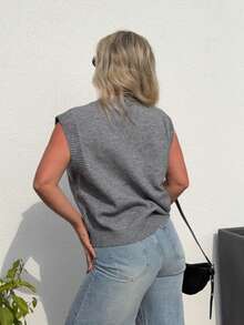 Jeta Ari Maglia smanicata donna in maglia larga con scollo a V, autunno e inverno, abbigliamento back to school - Grigio Scuro - Visualizzare 2