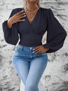 SHEIN LUNE Elegant Commuter Solid Color Lantern Sleeve Ruched Waist Shirt - Navy Blue - View 4