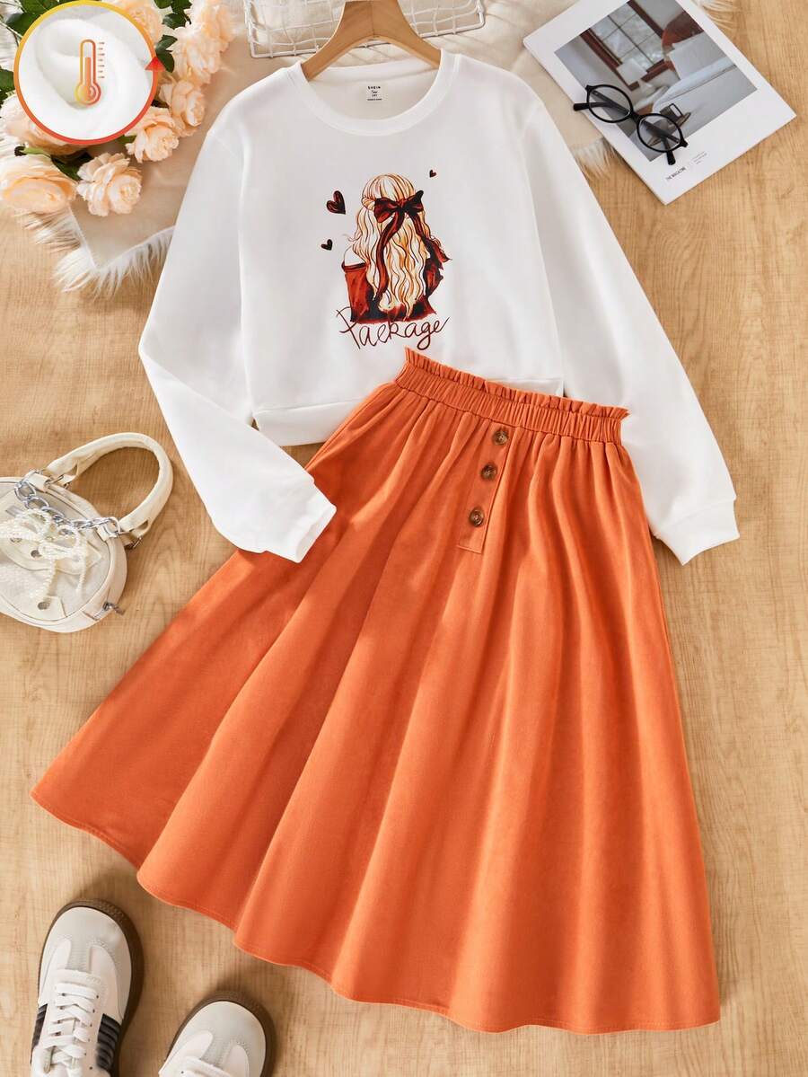 Set Baju Sweatshirt Bergambar dan Rok Kancing Pinggang Elastis untuk Remaja Perempuan - Jeruk - View 1