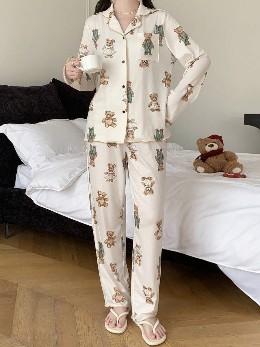 少女针织可爱熊图案领长袖衬衫和裤子休闲睡衣套装 - 杏色 - 查看 1