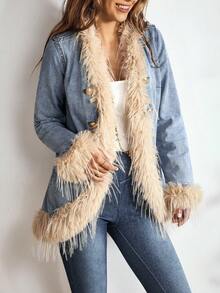 EMERY ROSE Women's Regular Shoulder Long Sleeve Fur Collar Fashion Versatile Denim Jacket - Blue - View 3