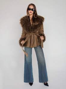 SHEIN ICON Women's Brown Faux Fur & Leather Patchwork Collar & Cuffs Shearling Long A-Line Windbreaker Coat, Commuting & Casual, Sexy, Autumn/Winter - Brown - View 7