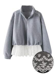 Franclia Plus Size Elegant Cute Casual Outdoor Stand Collar Loose Ruffled Metal Zipper Gray Sweatshirt, Autumn/Winter - Grey - View 1