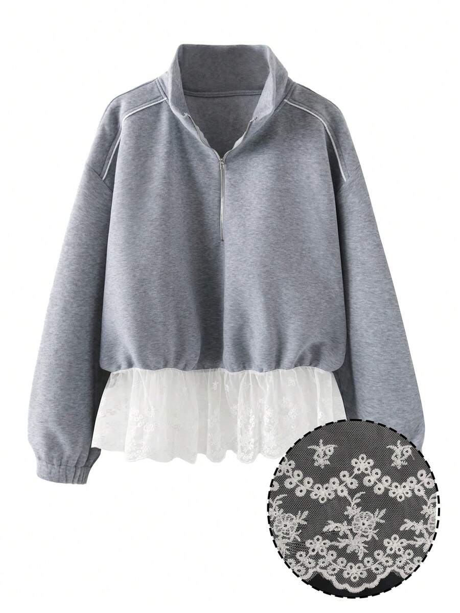 Franclia Plus Size Elegant Cute Casual Outdoor Stand Collar Loose Ruffled Metal Zipper Gray Sweatshirt, Autumn/Winter - Grey - View 1