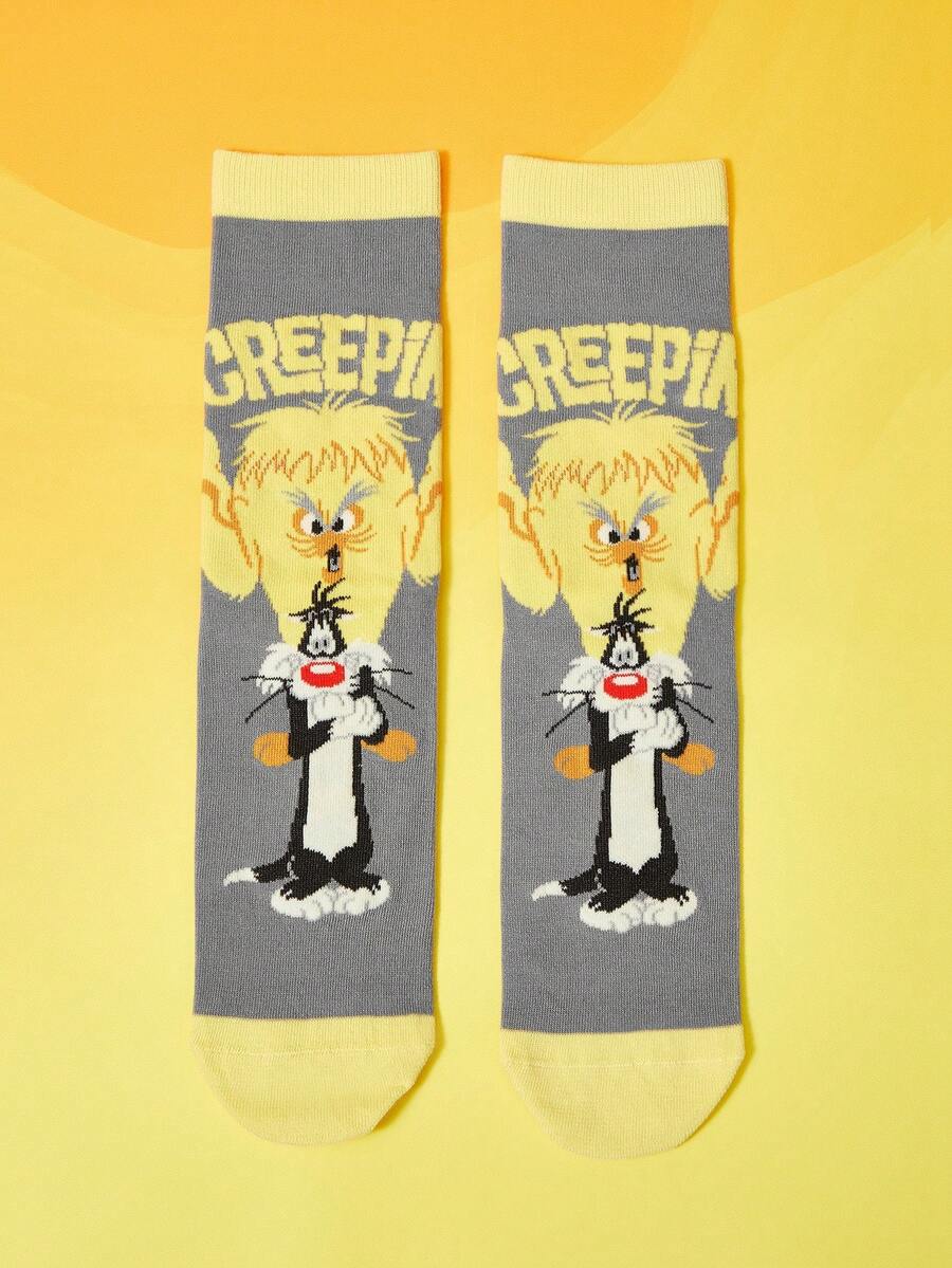 LOONEY TUNES X SHEIN 1 Pair Women's Retro Cartoon Mid-Calf Socks - Multicolor - View 1