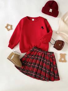 SHEIN 小女孩衣服纯红色圆领刺绣运动衫搭配格子百褶裙青少年女孩 2 件套，红色格子裙套装，圣诞裙套装 - 紅色 - 查看 3
