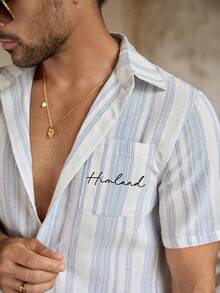 Manfinity VCAY 男士条纹单排扣口袋休闲/通勤短袖衬衫 - 淺藍色 - 查看 5