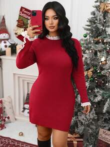 Elenzga Christmas 1pc Women Plus Size Lace Patchwork Asymmetrical Collar & Metal Button Decor Long Sleeve Elegant Fitted Sweater Dress - Red - View 4